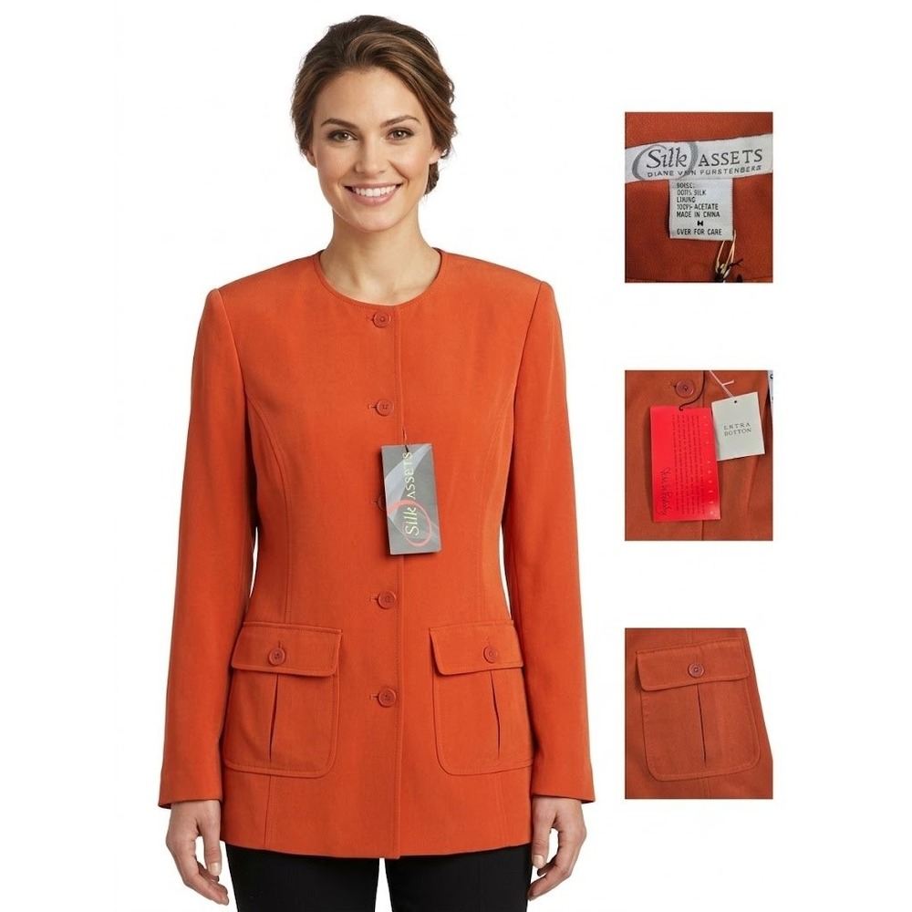 Vintage Diane von Furstenberg Silk Assets Blazer Jacket‎ M Rust Orange NWT Y2K